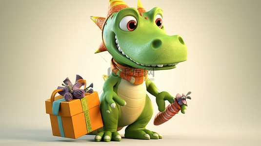 玩耍的小恐龙背景图片_有趣的 3D 恐龙，手里拿着礼物