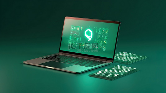 绿色背景上笔记本电脑和 Whatsapp 徽标模型的 3D 渲染