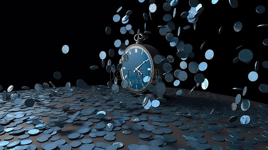 蓝色美元硬币在时钟背景下落下的金钱时间 3d 渲染