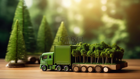 木桌上的绿色卡车和生态图标 可持续物流概念的 3D 插图