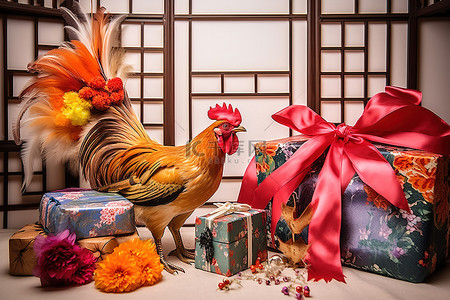 一套色彩缤纷的礼物，里面有一只公鸡和一些盒子