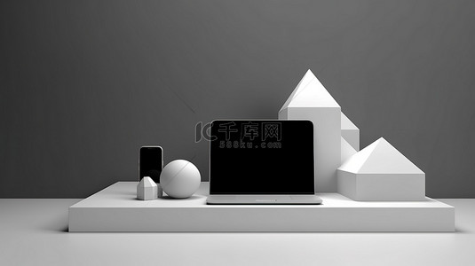 智能科技字背景图片_空白画布上的简约技术设置笔记本电脑和智能手机，具有引人注目的 3D 形状和讲台