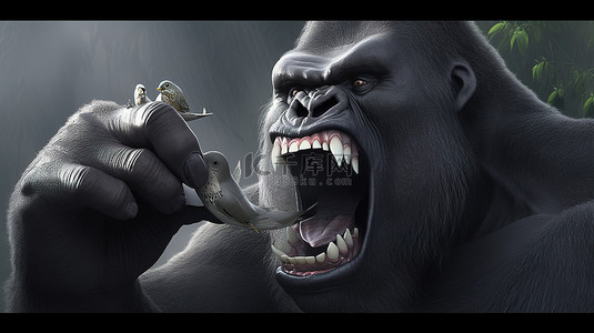 搞笑的 3D 大猩猩抓住一颗巨大的牙齿