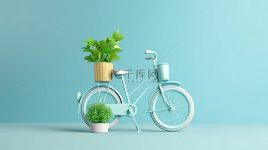 绿色和柔和的蓝色背景上自行车的生态友好型交通 3D 渲染