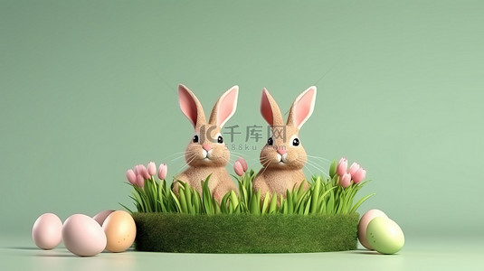 粉兔子背景图片_异想天开的复活节展示可爱的 3D 兔子彩色鸡蛋和草基座