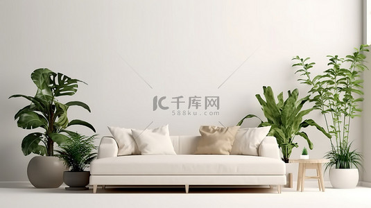 居家高空坠落背景图片_温馨的客厅沙发枕头灯和 3D 渲染植物