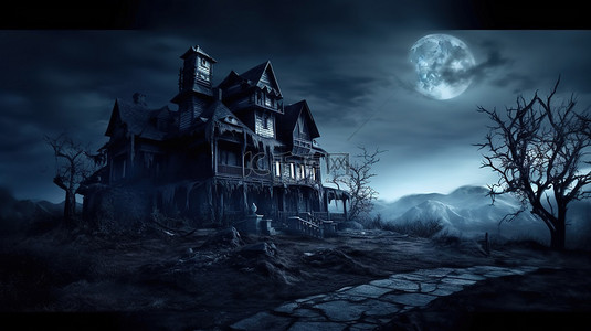 梳理典型背景图片_月光下的女巫城堡 怪异居所的 3D 插图