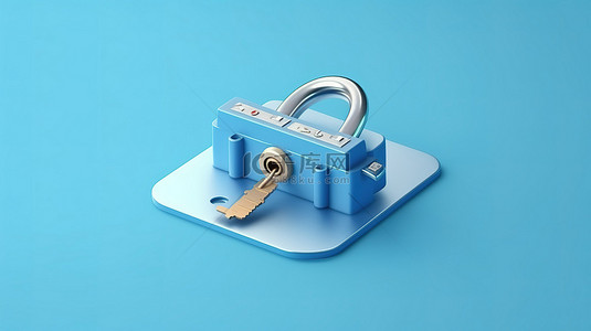 信用卡平放背景图片_3D 插图展示了挂锁形状的信用卡，以增强蓝色背景上隔离的安全性