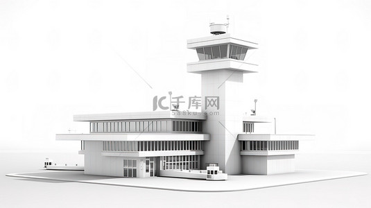 机场白色背景上的粘土风格白色空中交通管制塔以 3D 渲染