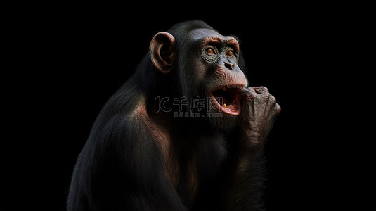 3d 中的黑猩猩猴子在黑色孤立的背景下站立并闭上嘴