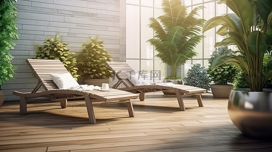 花园户外背景图片_户外休闲 3D 渲染木甲板上的躺椅，白色砖墙背景