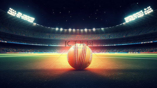 用闪光灯和球照亮的板球场的 3D 渲染