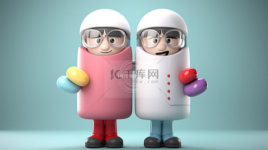 医生或药剂师在 3D 渲染中拿着两个大药丸的卡通人物