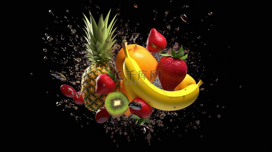 彩色多色背景图片_彩色水果混合泳的动画 3D 水果运动