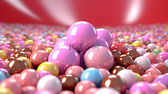 粉红色背景 3D 渲染中围绕甜蜜糖果的彩色球