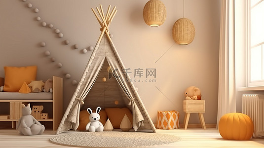 家具床背景图片_儿童房间内部的 3D 渲染营造出温暖而温馨的氛围
