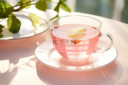 星空柠檬茶背景图片_桌上的粉色茶杯，附近有柠檬
