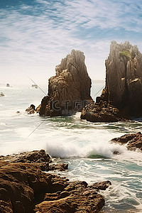 海中岩石背景图片_海滩岩石在海洋中，有海浪