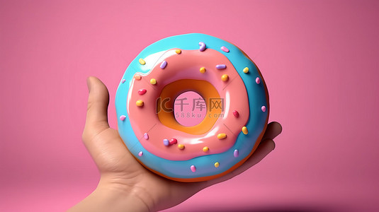 美味烘焙背景图片_卡通手握着美味甜甜圈的 3D 渲染，非常适合烘焙糖果店或咖啡店概念