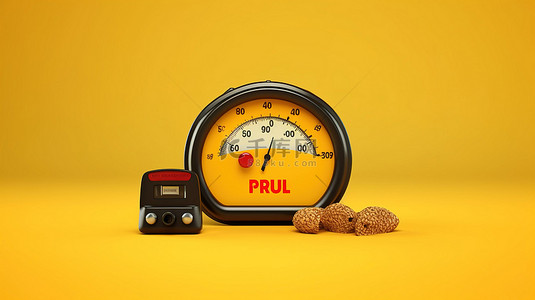 黄色背景，燃料仪表板仪表的 3D 渲染在狗粮包旁边显示满油箱