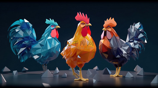 各种钻石野生动物动画低聚循环运行的鸡和自然