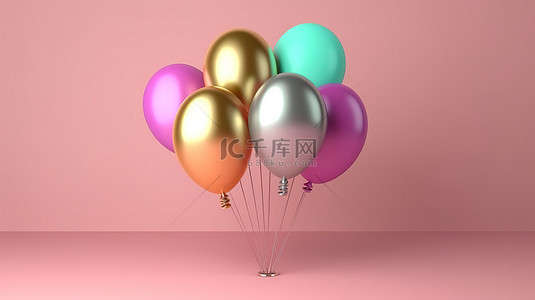 粉红色柔和背景下的充满活力的气球，有足够的空间用于 3D 渲染的文本