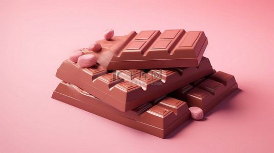用于商业设计和插图的粉红色背景下巧克力棒的卡通风格 3D 渲染