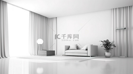 白色房间中的当代生活空间 3D 渲染