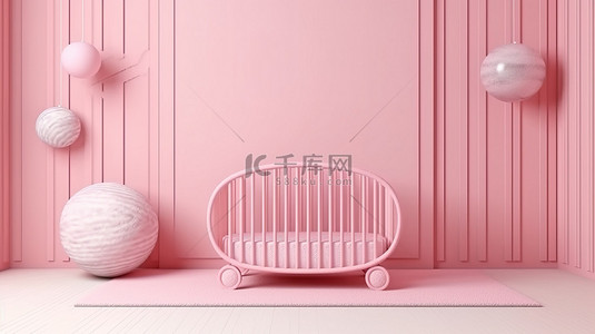 儿童景墙背景图片_粉色大理石地板上的卡通风格婴儿摇篮 3D 渲染图像
