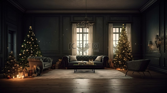 夜间客厅背景图片_3d 渲染的夜间客厅派对中的圣诞树