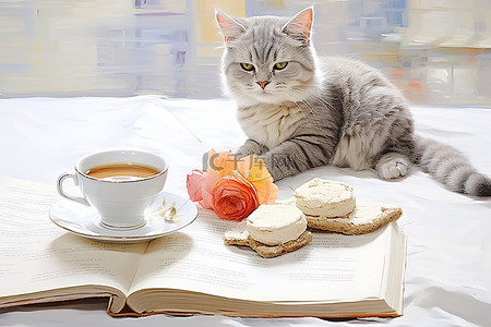 卡咖啡背景图片_桌子上的猫靠近一杯茶和马卡龙