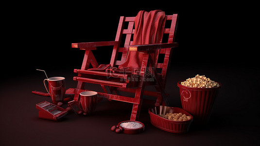 电影背景图片_带爆米花隔板3d 眼镜和卷轴的红色椅子的电影体验 3d 渲染