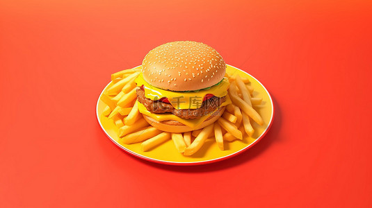 黄金炸薯条背景图片_一盘金色炸薯条和多汁汉堡的 3D 渲染