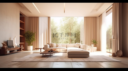 宽敞奢华的现代室内设计明亮房间的 3D 渲染