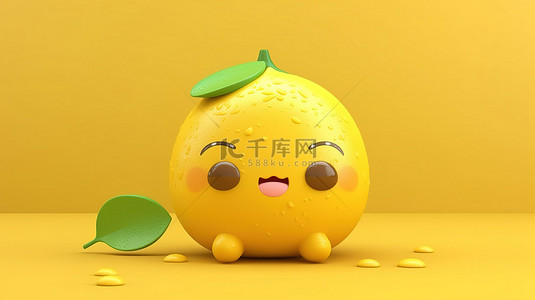 欢快可爱的 3D 卡通人物，黄色柠檬水果切片卡哇伊风格