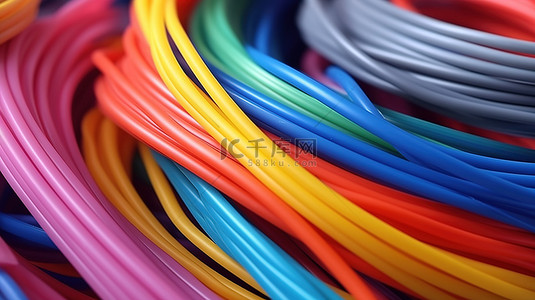 各种充满活力的卷制电缆，用于室内 3D 打印的明亮塑料线的特写