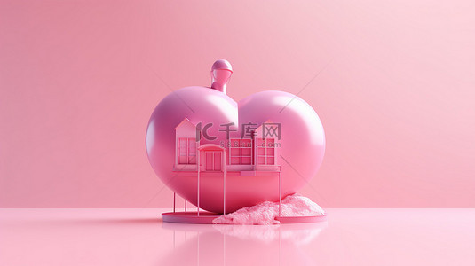 爱车背景图片_爱巢 3D 插图渲染中的粉红色心形房子