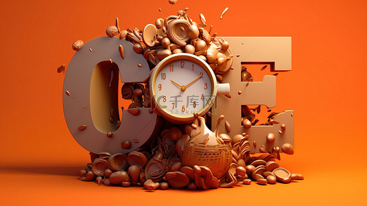 咖啡广告海报背景图片_棕色背景下咖啡时间的 3D 排版