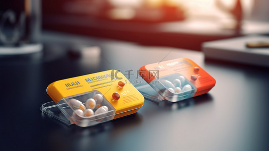 样机模板的 3D 渲染，其中包含包含两个药泡的包装