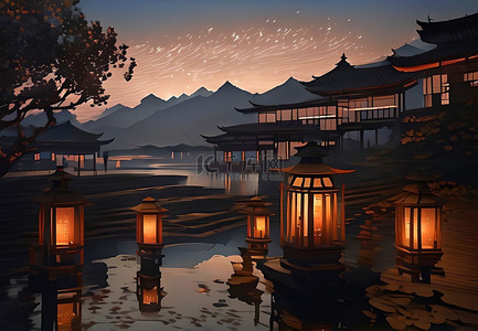 屋檐春节背景图片_灯笼建筑中国风插画