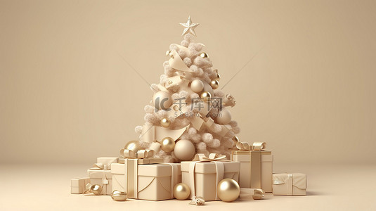 金圣诞快乐背景图片_节日横幅与奶油背景 3D 渲染圣诞树和新年快乐礼物概念