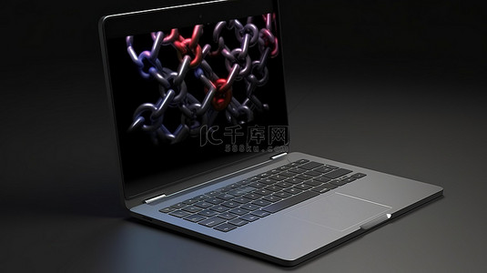 灰色背景下笔记本电脑上显示的区块链的 3D 渲染
