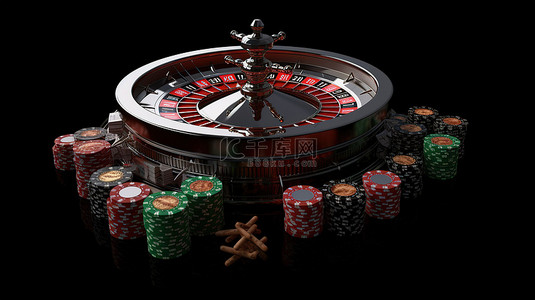 黑色背景与 ace 扑克牌筹码和骰子在 3d 轮盘渲染