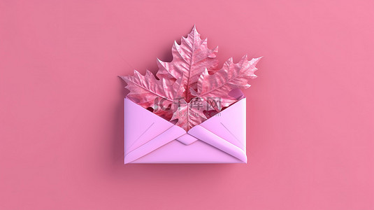 白色3d雪花背景图片_粉红色背景上的信封雪花和叶子 3D 渲染插图