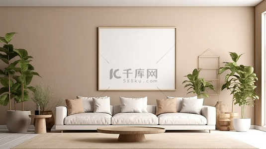 现代奢华背景墙背景图片_空的海报框架增强了客厅内部 3D 渲染的奢华感