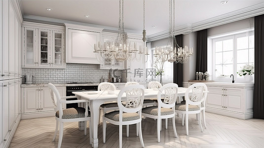 餐厅设计背景图片_3d 设计的现代化白色厨房和餐厅