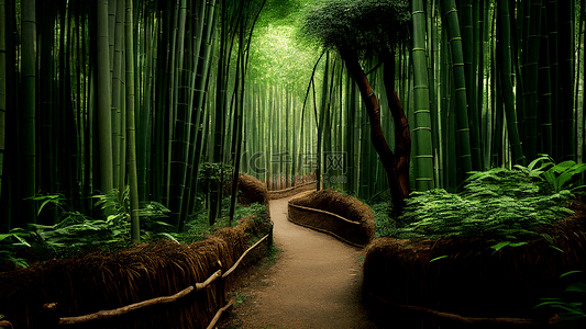 水墨竹子山水背景图片_竹林草丛小路暗黑色背景