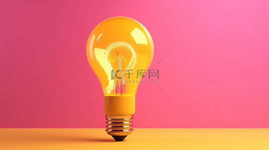 黄色灯泡在粉红色背景下的卡通风格 3D 渲染