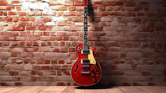 令人惊叹的复古风格红色电吉他靠在 3D 渲染的砖墙上