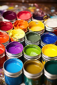 桌子上的罐子背景图片_桌子上的罐子里有多种油漆颜色可供选择